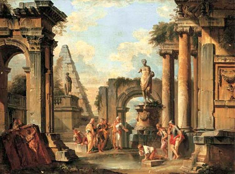 Giovanni Paolo Panini A capriccio of classical ruins with Diogenes throwing away his cup Sweden oil painting art